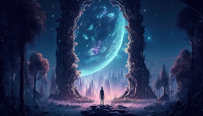 Fototapeta premium person in mystical forest digital art illustration