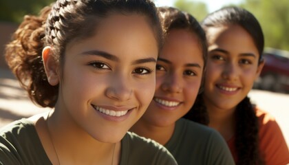 Fototapeta premium Group of Diverse and Empowered Hispanic Youth Female High School Students Working Together in Community Service Club : Power of Collaboration in Clubs, Sports Teams (generative AI)