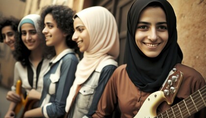 Fototapeta premium Group of Diverse and Empowered Middle Eastern Youth Female High School Students Working Together in Band : Power of Collaboration in Clubs, Sports Teams (generative AI)