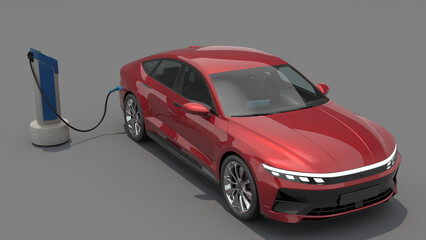 Fototapeta na wymiar Red Electric car with charger rapid charger 3D CGI solid BG futuristic Generic Electric Car realistic parked car green energy solar