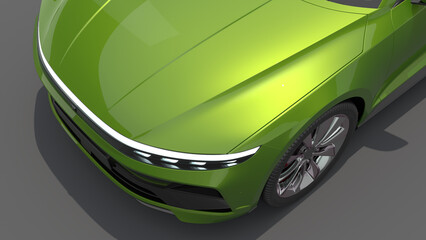 Obraz na płótnie Canvas Green Electric car with charger rapid charger 3D CGI solid BG futuristic Generic Electric Car realistic parked car green energy