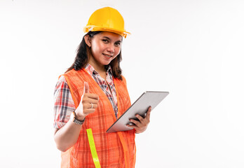 a female architect standing with thumb up and bring the digital tablet on isolated background