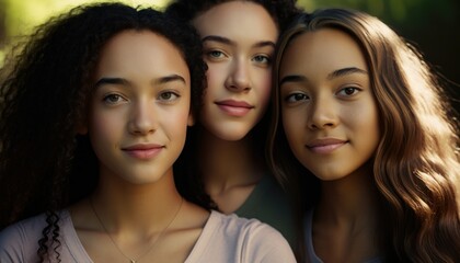 Group of Diverse and Empowered Multiracial Youth Female High School Students Working Together in Economics Club : Power of Collaboration in Clubs, Sports Teams (generative AI)