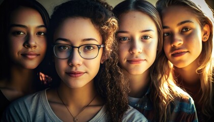 Obraz premium Group of Diverse and Empowered Multiracial Youth Female High School Students Working Together in Math Club : Power of Collaboration in Clubs, Sports Teams (generative AI)