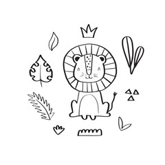 Cute lion surrounded by tropical plants. Vector illustration for kids in doodle style. Use for t-shirt template, surface design, fashion baby clothes, baby shower