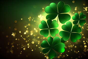 Festive background with shining clover shamrocks and golden bokeh. St. Patrick's Day backdrop. Generative AI. - 577249691