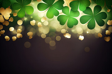Festive background with shining clover shamrocks and golden bokeh. St. Patrick's Day backdrop. Generative AI. - 577249692