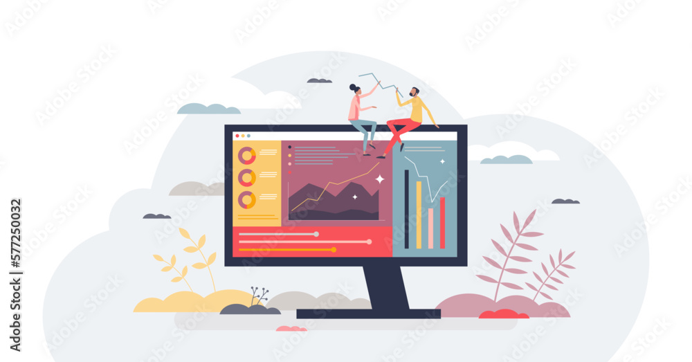 Poster data visualization and information presentation graphic tiny person concept, transparent background.