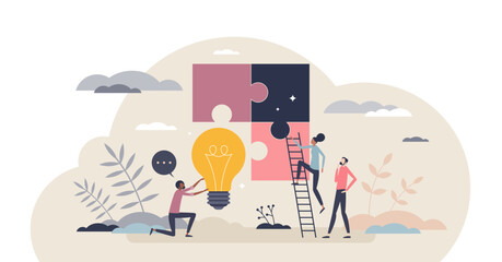 Creative planning and innovative solution for work task tiny person concept, transparent background.Creativity and efficient approach after brainstorm process illustration.