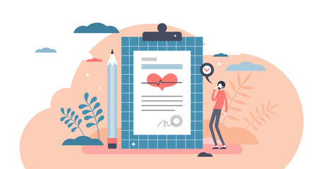 Diagnosis from patient body checkup for health examination tiny person concept, transparent background. Medical statement after heart research by doctor in hospital or clinic illustration.