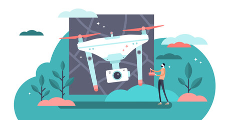 Fototapeta na wymiar Drones illustration, transparent background. Flat tiny RC fly gadget control person concept. Modern aviation technology to take areal pictures or video. Remote control wireless robot for fun.