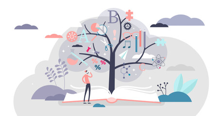 Fototapeta na wymiar Education tree illustration, transparent background. Abstract knowledge plant growth from book in flat tiny persons concept. Smart wisdom symbols collection in branches.