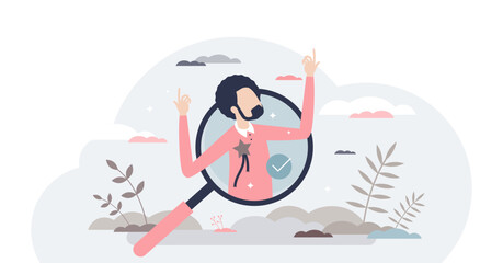 Finding talent with best unique and professional skills tiny person concept, transparent background.HR agency work with top leader searching illustration.