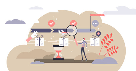 Parcel tracking illustration, transparent background. Flat tiny order status person concept. Logistics distribution live location service.