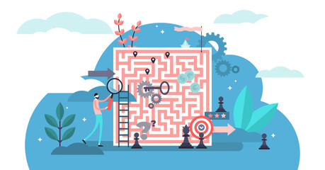 Problem solving illustration, transparent background. Flat tiny solution finding persons concept. Equation analysis and right path research and development.