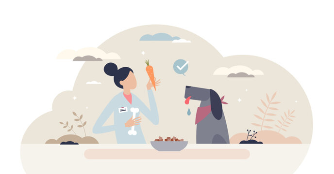 Pet nutritionist as animal food control specialist tiny person concept, transparent background. Pet nutrition and supplement professional care for balanced diet and weight loss illustration.