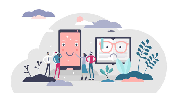 Phone VS book competition, flat tiny persons illustration, transparent background. Modern human media and information consumption habits.