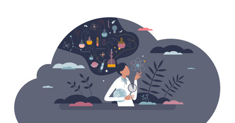Woman scientist and female chemist or physics doctor tiny person concept, transparent background. Professional education with smart knowledge career illustration. Academic teacher with physics.