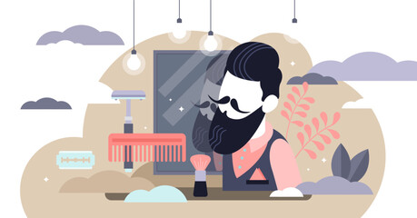 Barbershop illustration, transparent background. Flat tiny beard shave saloon persons concept. Mustache and hair style occupation. Professional hairdresser for real man and gentleman.