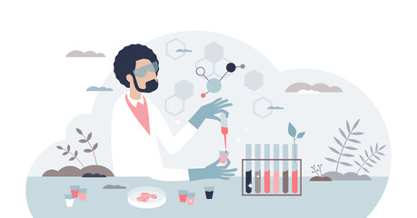 Biochemist occupation work with scientific bio research tiny person concept, transparent background. Chemical substances development and analyze with samples in laboratory illustration.
