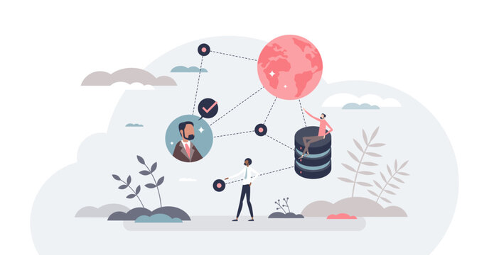 Big data complexity or large information systems database tiny person concept, transparent background. Global network with file warehouse and logical large info management or structure illustration.