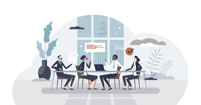 Board of directors in office with CEO business leaders tiny person concept, transparent background. Meeting with company executive and colleagues illustration.