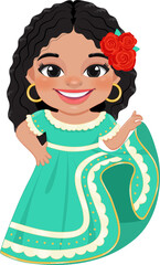 Cute girl in mexican folk outfit and  Mariachi Dancer for celebrating Cinco de Mayo festival cartoon PNG