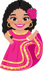 Cute girl in mexican folk outfit and  Mariachi Dancer for celebrating Cinco de Mayo festival cartoon PNG