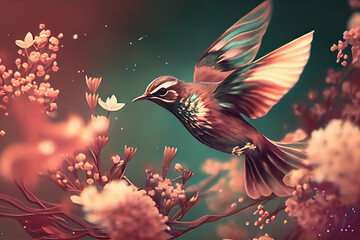 Fototapeta premium a digital artwrk of bird landing on the flowers. Pastel tones. Blurred background.