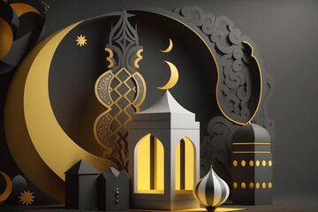 Ramadan and Eid with our stunning 3D modern Islamic holiday. It showcases Islamic culture with a beautiful display podium featuring a Ramadan lantern, metal moon, and mosque portal. Generative Ai