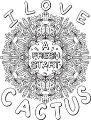 I love cactus font with mandala cactus, succulents, and flowers for Valentine's day or Greeting Cards. Hand-drawn with inspiration word. Coloring book for adults and kids. Vector Illustration.
