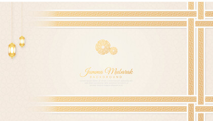 Jumma Mubarak Islamic Ornamental Arabic White Greek Border Background with Geometric pattern and Ornament