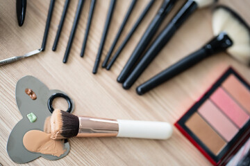 Decorative cosmetics makeup set on wood table. Set of luxury makeup product background