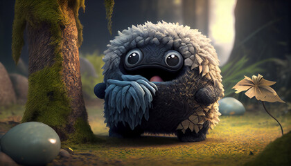 A cute monster made by cotton, hyper-realistic, ray renderer. The 3D rendering features a lifelike and detailed design, with intricate textures and realistic lighting effects