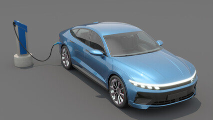 Fototapeta na wymiar Electric car with charger rapid charger 3D solid gray BG futuristic Generic Electric Car realistic parked car green energy green car