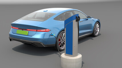 Obraz na płótnie Canvas Electric car with charger rapid charger 3D solid gray BG futuristic Generic Electric Car realistic parked car green energy green car