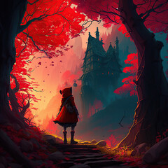 Obraz na płótnie Canvas little red riding hood walking in the forest with red trees and old house in the background