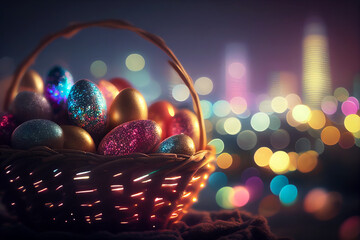 Colorful glowing easter eggs in a basket in front of night city bokeh. Generative AI. - 577255453