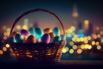 Colorful glowing easter eggs in a basket in front of night city bokeh. Generative AI. - 577255455