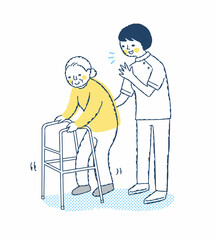 歩行器を使って歩くシニア女性と介助する女性