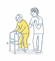 歩行器を使って歩くシニア男性と介助する男性