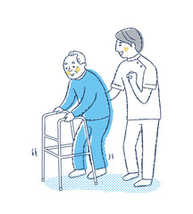 歩行器を使って歩くシニア男性と介助する男性