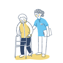 歩行器を使って歩くシニア女性と介助する女性