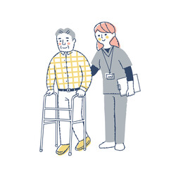 歩行器を使って歩くシニア男性と介助する女性