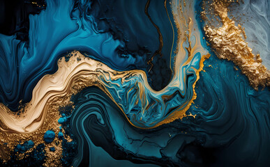 Acrylic Fluid Art. Golden wave of particles and and blue overflows. Abstract stone background or texture. Generative AI