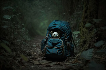 Missing child concept. Abandoned children's school backpack with teddy bear forgotten in dark forest. Generative AI