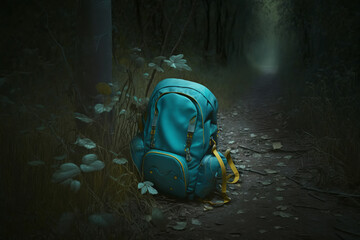 Missing, kidnapping child concept. Abandoned children's school backpack on path in dark forest. Generative AI - obrazy, fototapety, plakaty
