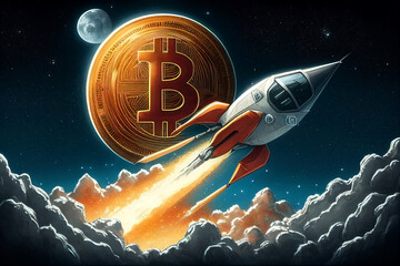 Bitcoin rocket to the moon illustration. Generative AI. - 577257079