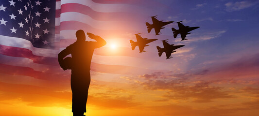 Group of aircraft fighter jet airplane. USA flag. Air force day. 3d illustration