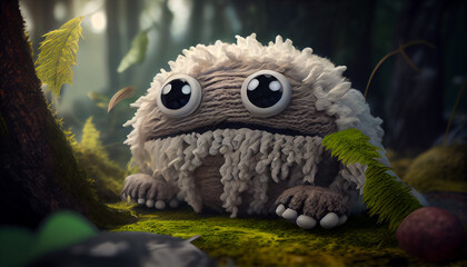 A cute monster made by cotton, hyper-realistic, ray renderer. The 3D rendering features a lifelike and detailed design, with intricate textures and realistic lighting effects
